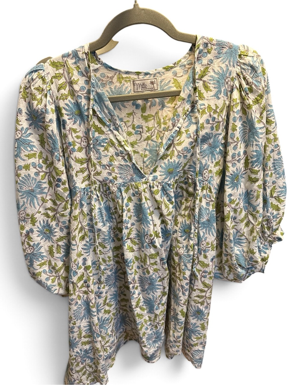 Mille Floral V-Neck Puff Sleeve Top in Blue & Green